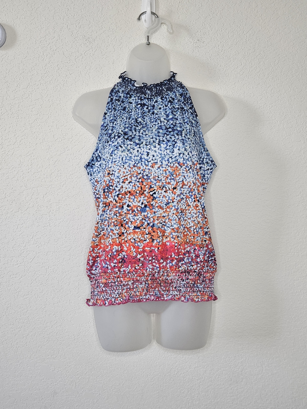 Crosby XS Abstract Confetti Print Smocked Halter Top Blue Orange Pink